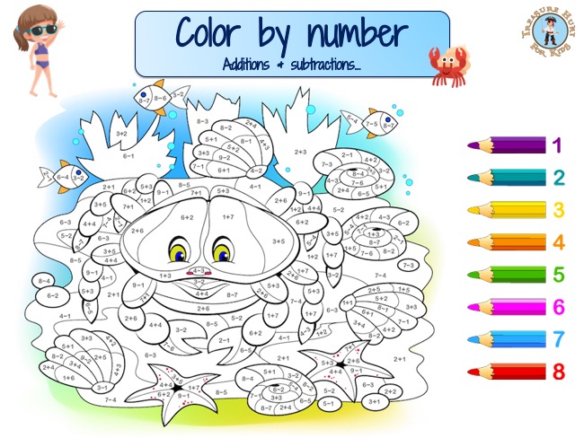 Beach color by number - additions & subtractions - Treasure hunt 4 Kids