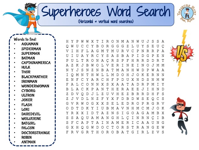 superheroes word search puzzle free game treasure hunt 4 kids