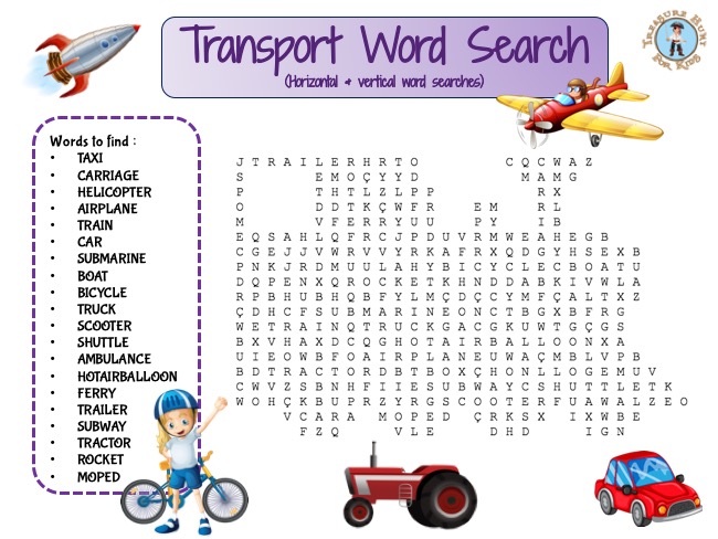 Transport Word Search for kids to print