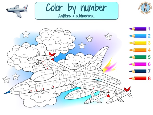 Plane Color By Number Additions Subtractions Treasure Hunt 4 Kids