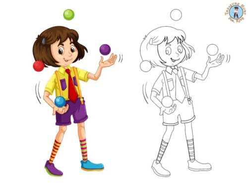 Girl juggling balls coloring page