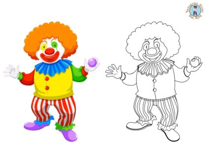 Happy clown coloring page with sample