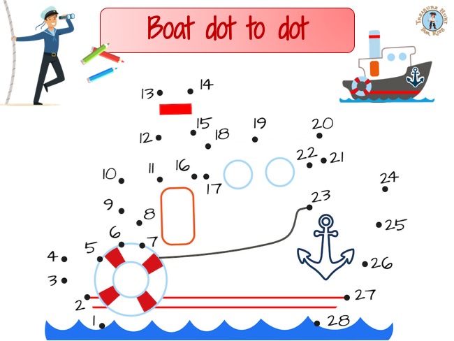 Boat Dot To Dot Treasure Hunt 4 Kids Printable Game