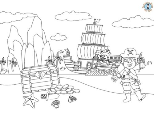Pirate finding treasure coloring page