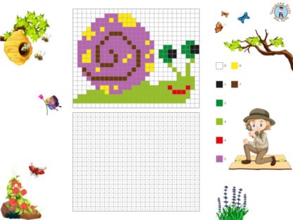 Snail pixel art with numbered squares grid