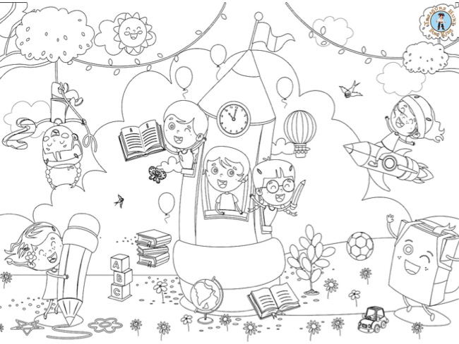 Happy children learning to read and write coloring page