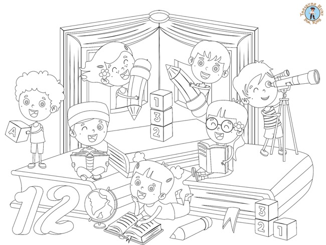 Children with books and pencils coloring page