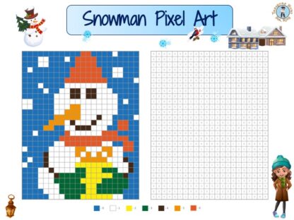 Snowman pixel art with numbered squares grid