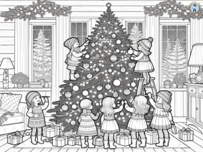 Children decorating Christmas tree coloring page