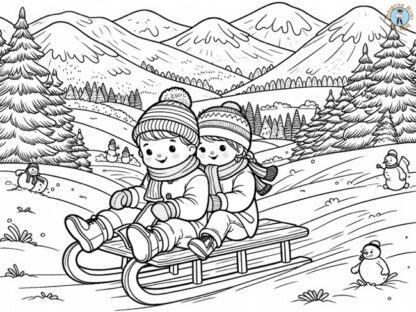 Children sledding coloring page