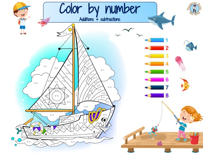 Downloadable ship color by number activity for kids
