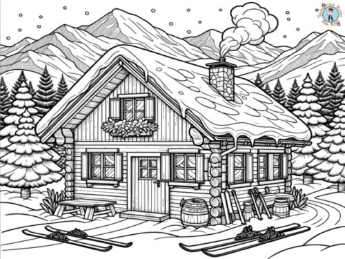 Mountain Chalet in Winter Coloring Page : Alpine Cabin in Snow