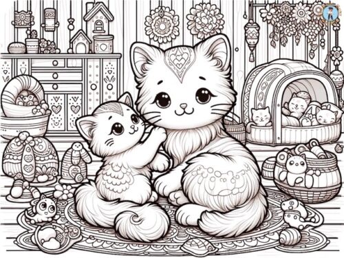 Mother Cat and Kitten Coloring Page