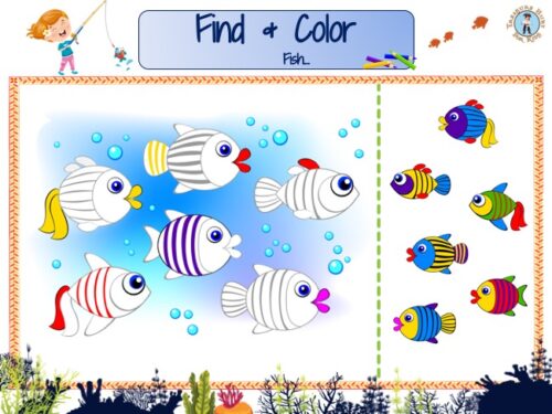 Fish Find and Color - Underwater Match & Color - printable sea life coloring activity