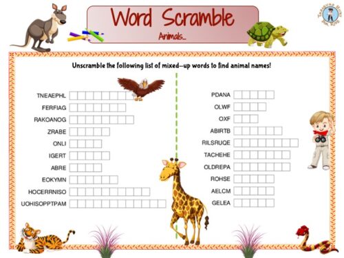 Animal word scramble for kids