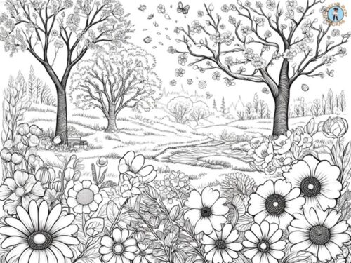 Spring Landscape Coloring Page – Blossoms and Flowers