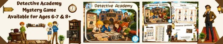 Detective Academy mystery game for kids ages 6-7 and 8+, printable PDF investigation