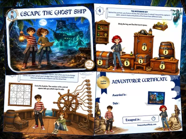 Pirate escape room PDF kit with puzzles and certificate, ages 10-12