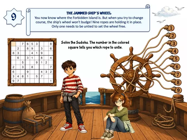 Pirate escape room ship’s wheel Sudoku puzzle ages 10-12
