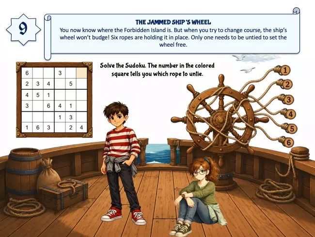 Printable pirate escape room Sudoku challenge ages 8-9