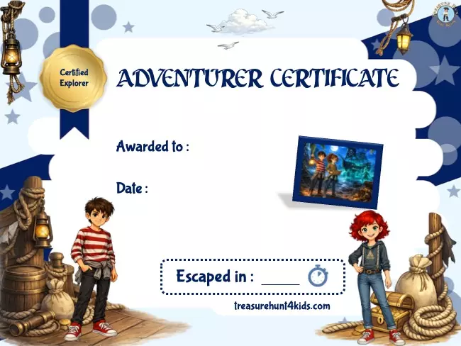 Printable adventurer certificate for pirate escape room ages 10-12